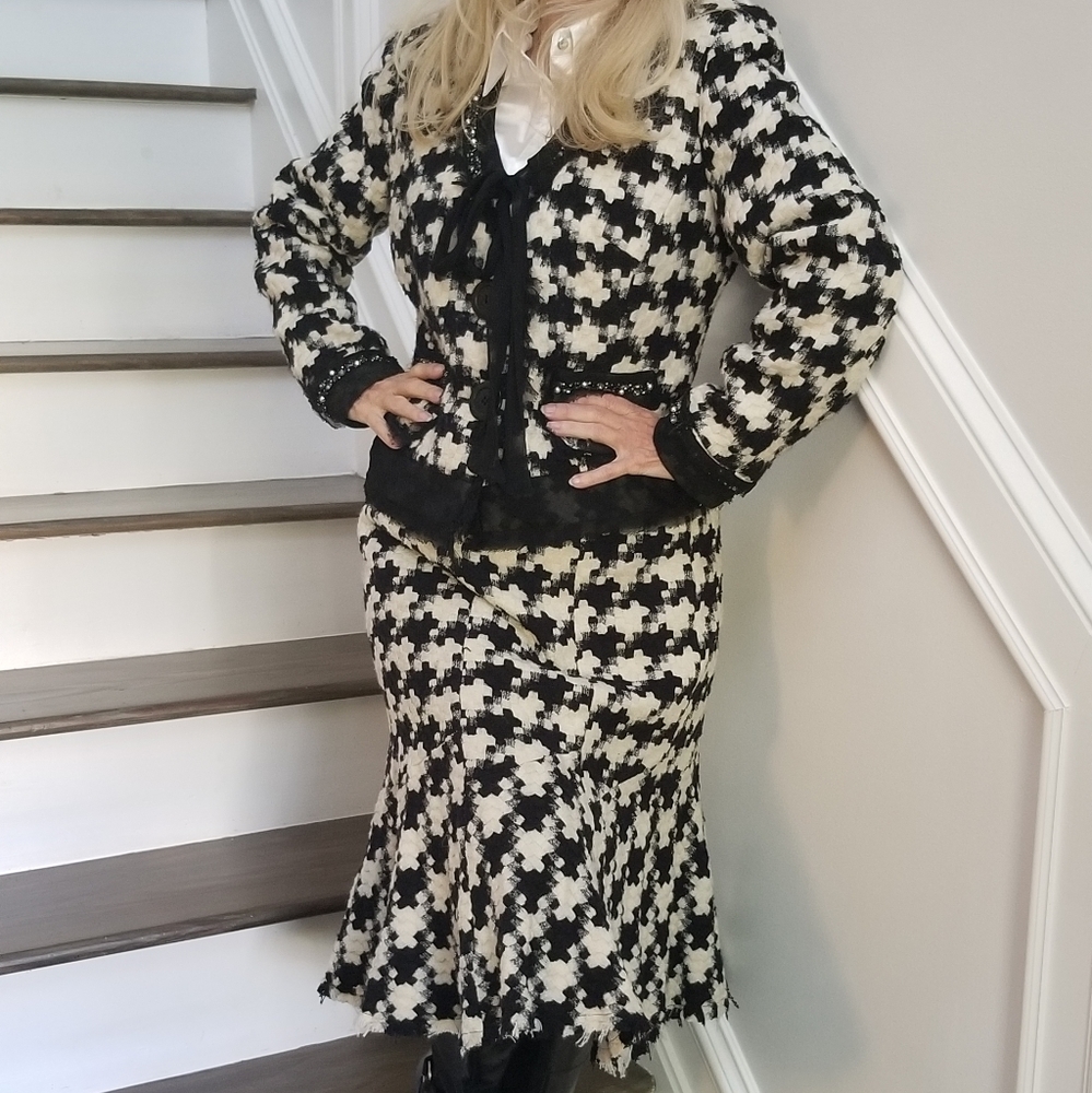 ECI NY Ex Cond/Pro Clean B&W Houndstooth Wool Blend Dressy Skirt Suit, 10, $88